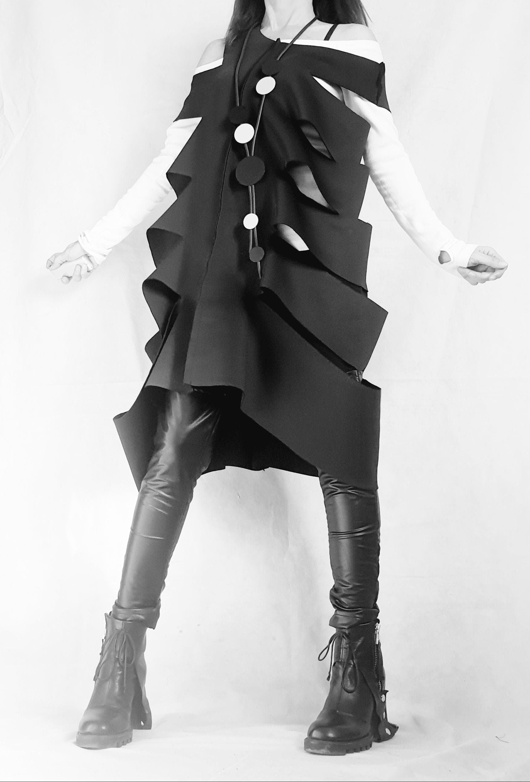 Asymmetric Neoprene Top, Extravagant Top, Deconstructed Top, Gothic Tunic, Side Cutouts, Black Top