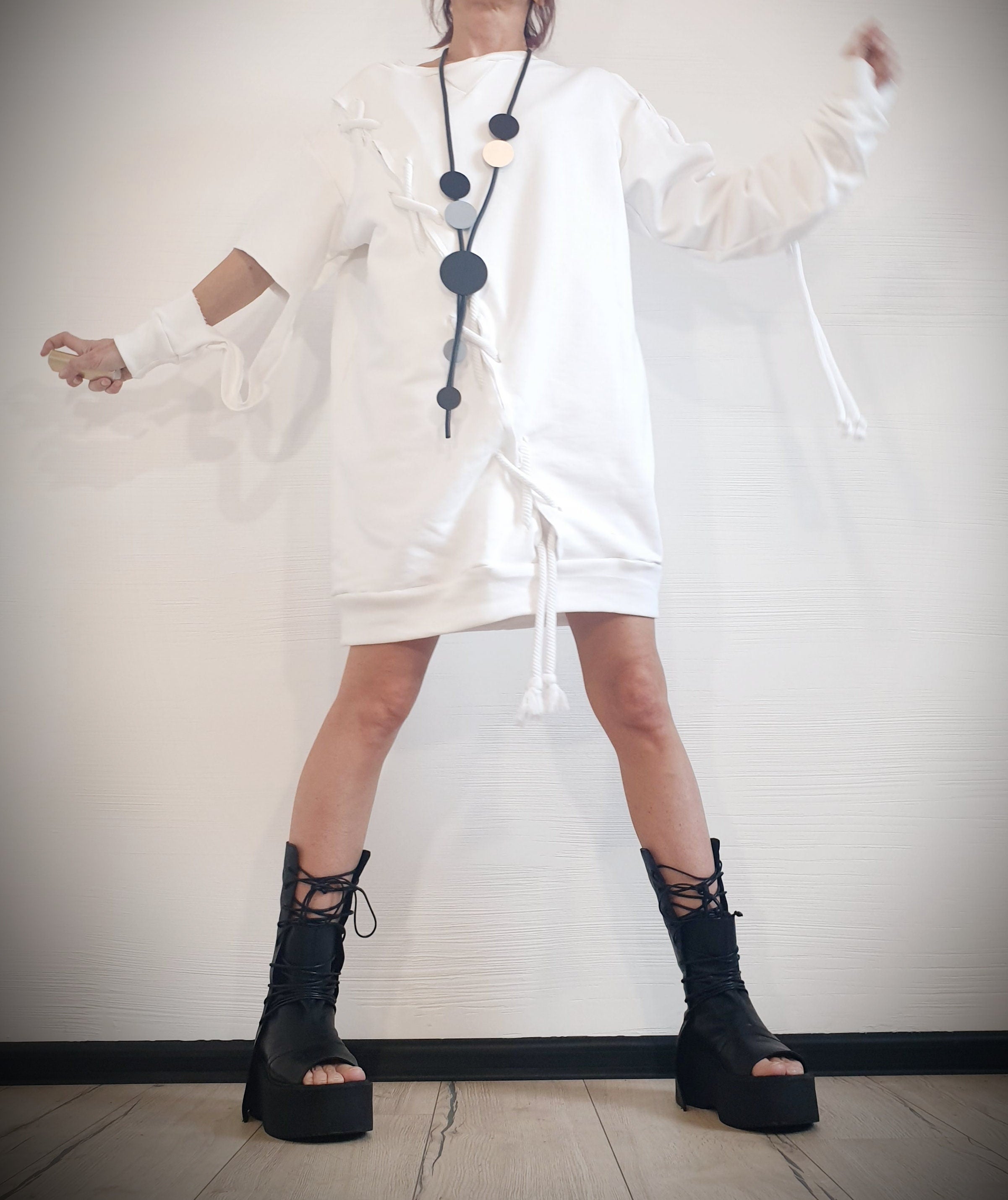 Extravagant White Dress, Loose Tunic Dress, Plus Size Clothing, Bubble Blouson Dress, Asymmetric Cotton Dress, Long Sleeve Dress