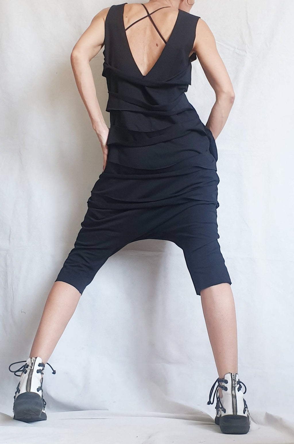 Black Harem Jumpsuit,Extravagant Loose Jumpsuit, Drop Crotch Jumpsuit, Short Women Overall, Open Back Jumpsuit, Gothic Jumpsuit