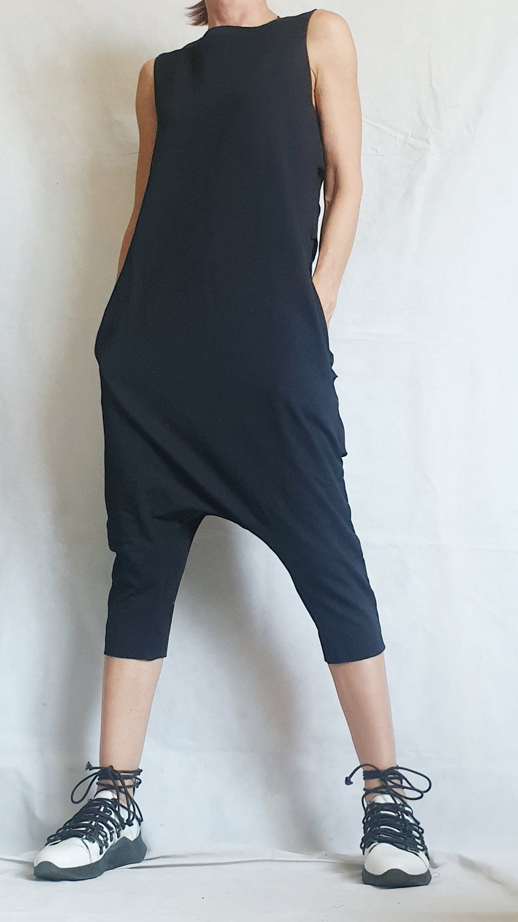 Black Harem Jumpsuit,Extravagant Loose Jumpsuit, Drop Crotch Jumpsuit, Short Women Overall, Open Back Jumpsuit, Gothic Jumpsuit