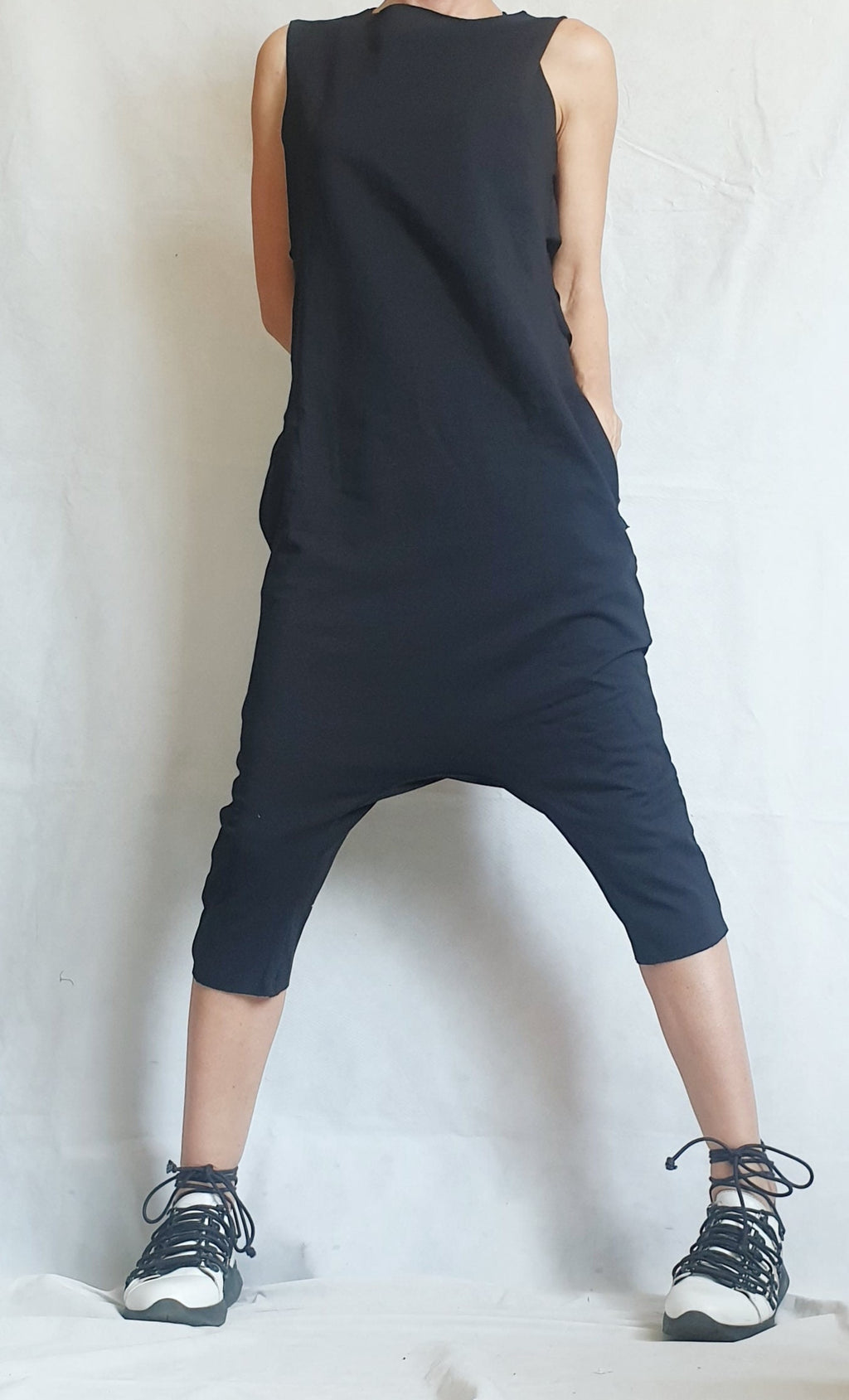 Black Harem Jumpsuit,Extravagant Loose Jumpsuit, Drop Crotch Jumpsuit, Short Women Overall, Open Back Jumpsuit, Gothic Jumpsuit