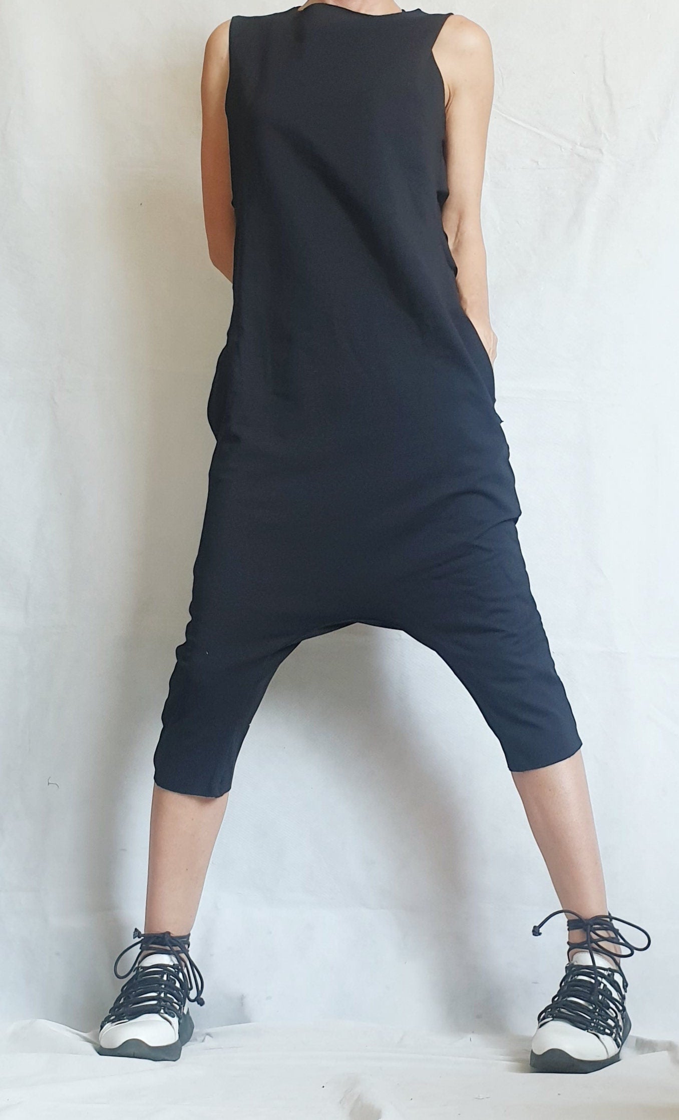 Black Harem Jumpsuit,Extravagant Loose Jumpsuit, Drop Crotch Jumpsuit, Short Women Overall, Open Back Jumpsuit, Gothic Jumpsuit