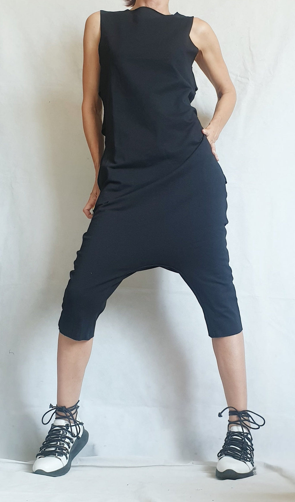 Black Harem Jumpsuit,Extravagant Loose Jumpsuit, Drop Crotch Jumpsuit, Short Women Overall, Open Back Jumpsuit, Gothic Jumpsuit