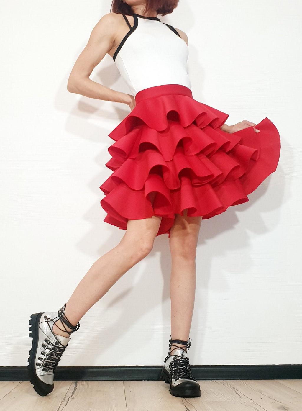 Circle Red Neoprene Skirt, Extravagant Skirt, Ball Skirt, Cocktail Skirt, Gothic Skirt, Asymmetric Skirt, Wedding Skirt, Waist Skirtр