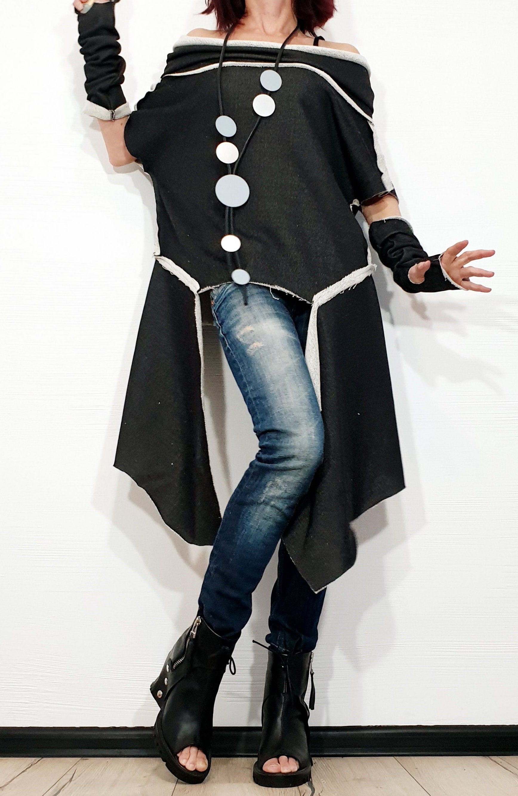 One Shoulder Blouse, Extravagant Tunic, Asymmetric Tunic, Tunic Separate Sleeves, Loose Tunic