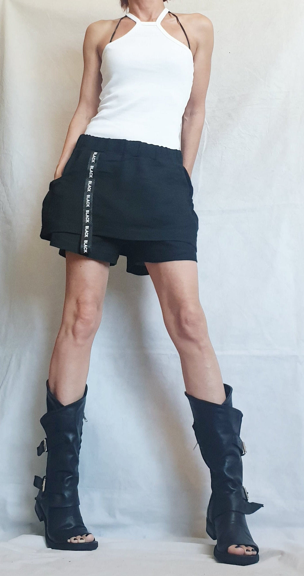Extravagant Short Linen Pants, Women Sexy Shorts, Loose Linen Pants Skirt, Short Black Pants, Gothic Pants
