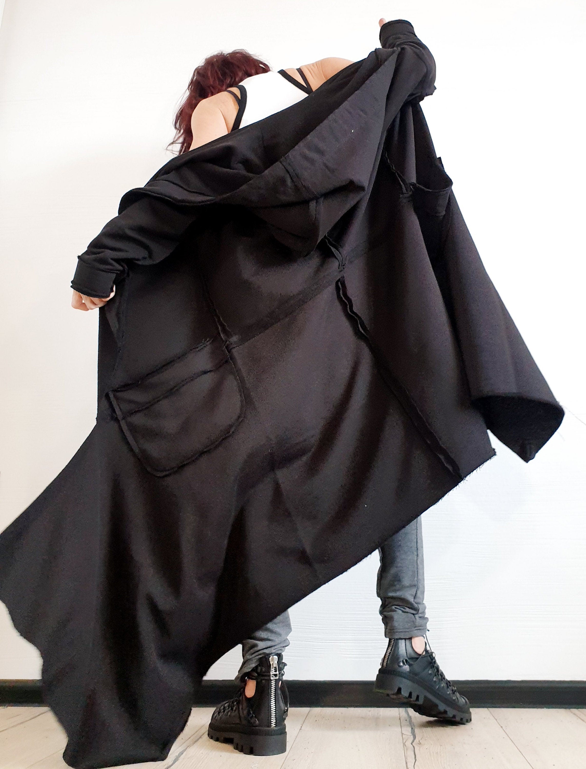 Extravagant Cotton Vest, Hooded Vest, Plus Size Clothing, Long Vest, Gothic Vest, Asymmetric Black Vest