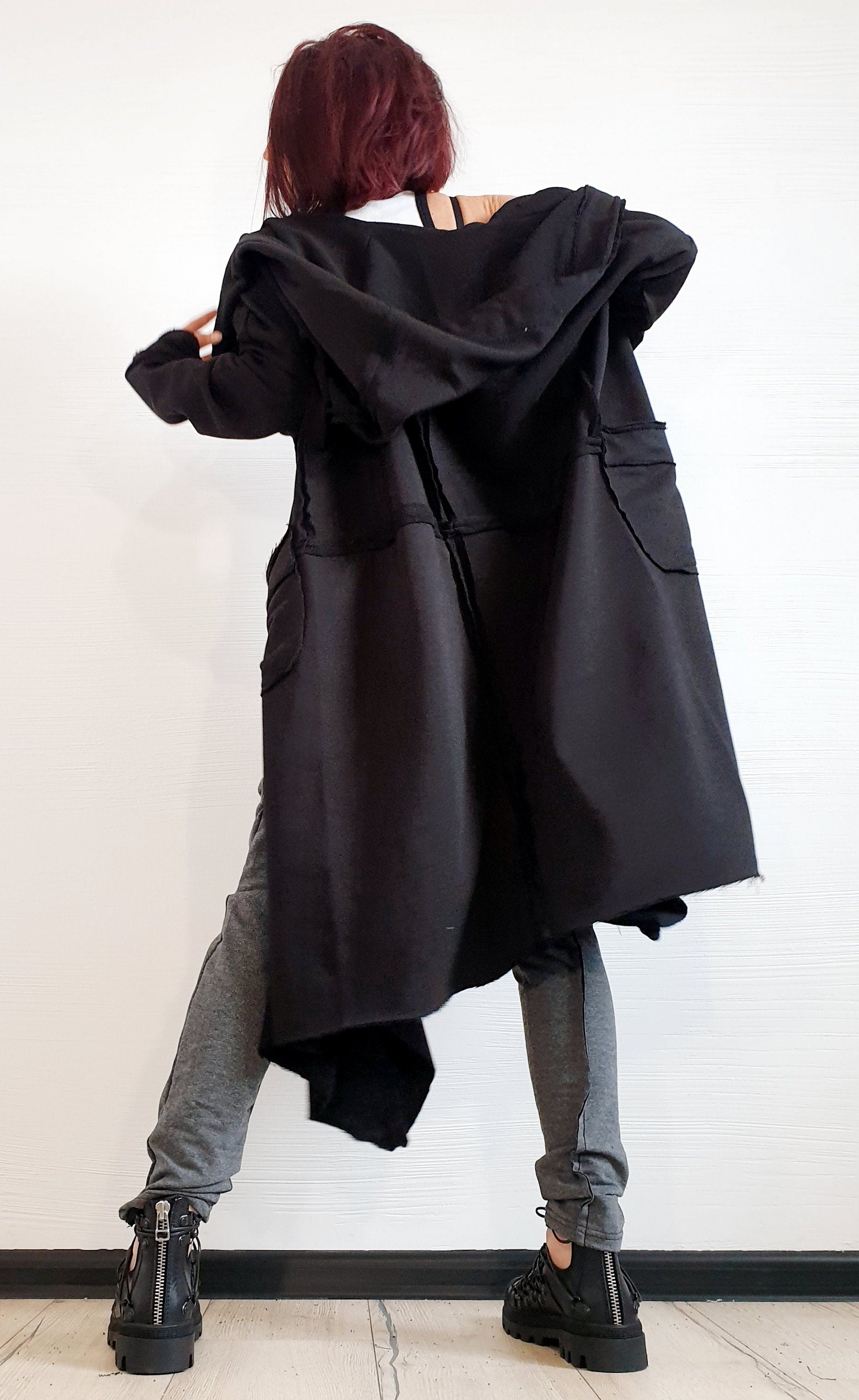 Extravagant Cotton Vest, Hooded Vest, Plus Size Clothing, Long Vest, Gothic Vest, Asymmetric Black Vest