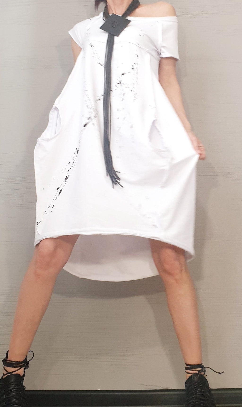 White Extravagant  Dress, One Shoulder Dress, Cotton Tunic Dress, Plus Size Clothing, Asymmetric Dress, Knee Length Dress