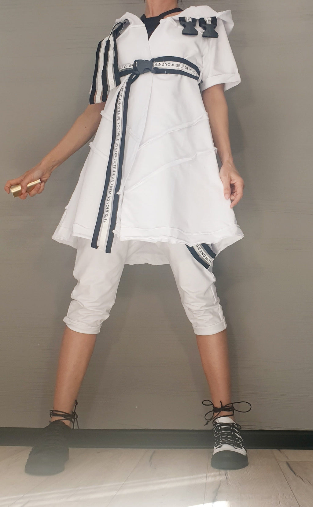 Extravagant Women White Set, Asymmetric Vest, Harem Short Pants, Asymmetric Top, Two Piece Set, Gothic Women Set