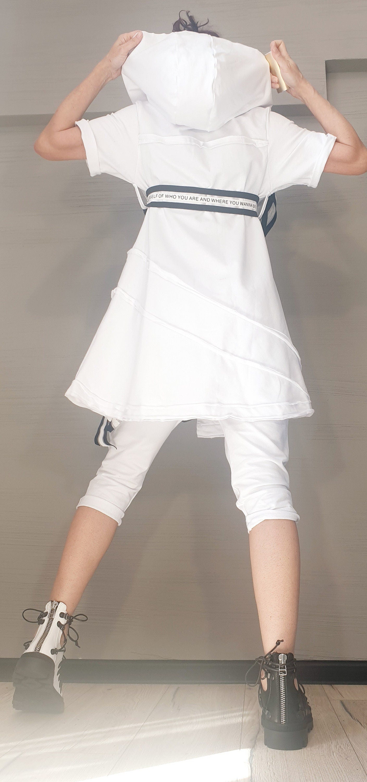 Extravagant Women White Set, Asymmetric Vest, Harem Short Pants, Asymmetric Top, Two Piece Set, Gothic Women Set