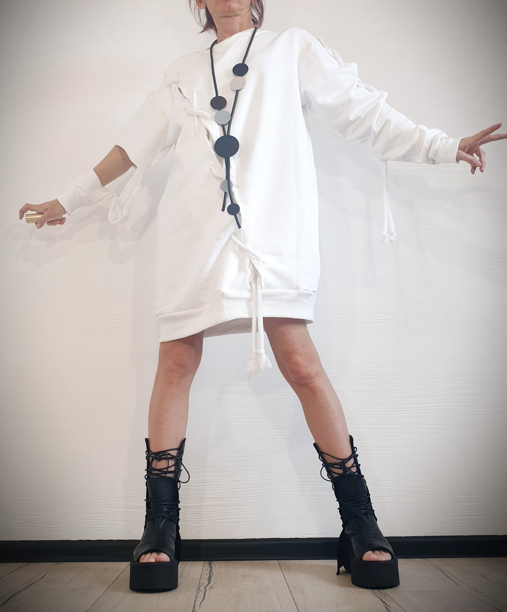 Extravagant White Dress, Loose Tunic Dress, Plus Size Clothing, Bubble Blouson Dress, Asymmetric Cotton Dress, Long Sleeve Dress