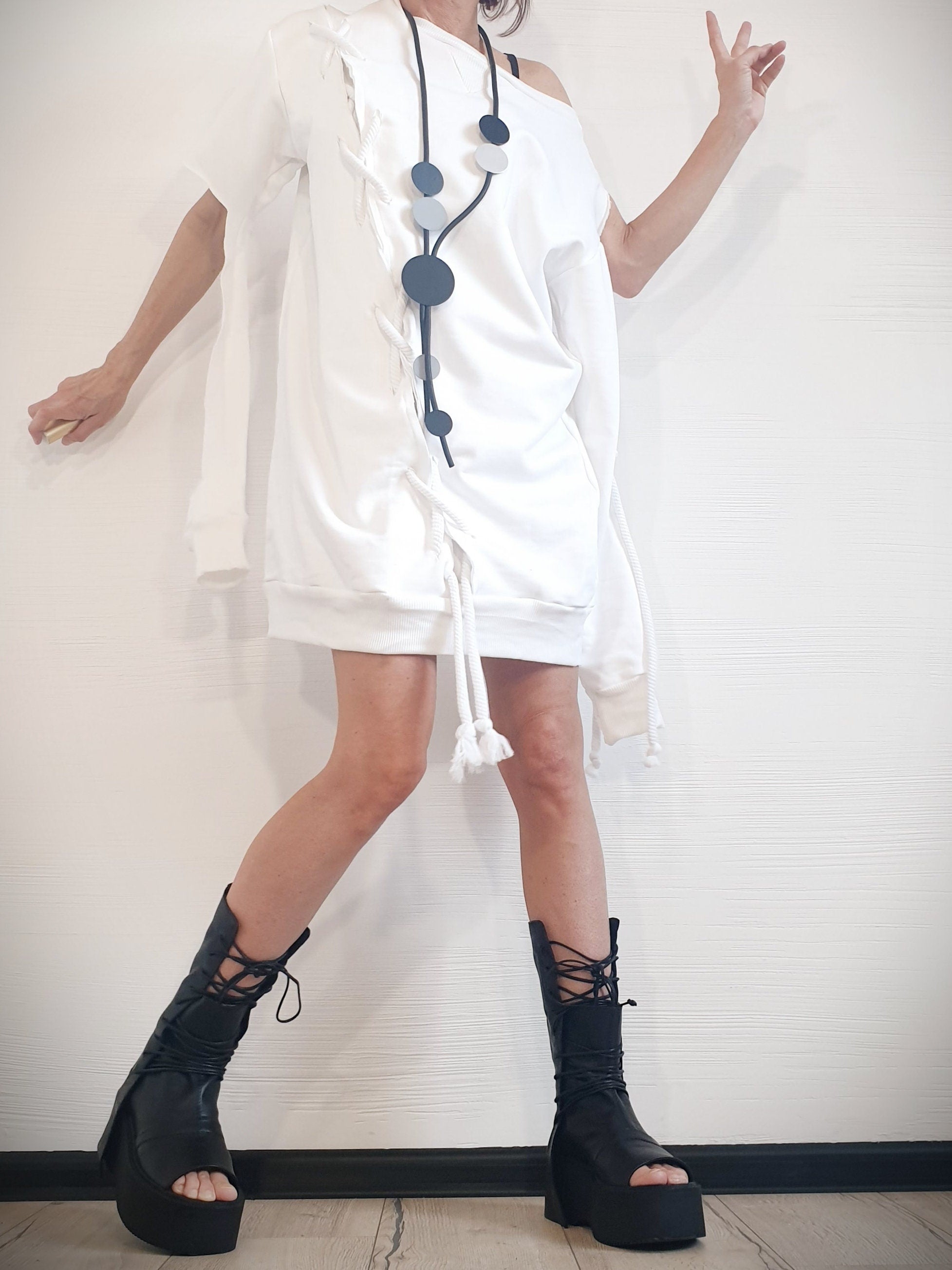 Extravagant White Dress, Loose Tunic Dress, Plus Size Clothing, Bubble Blouson Dress, Asymmetric Cotton Dress, Long Sleeve Dress