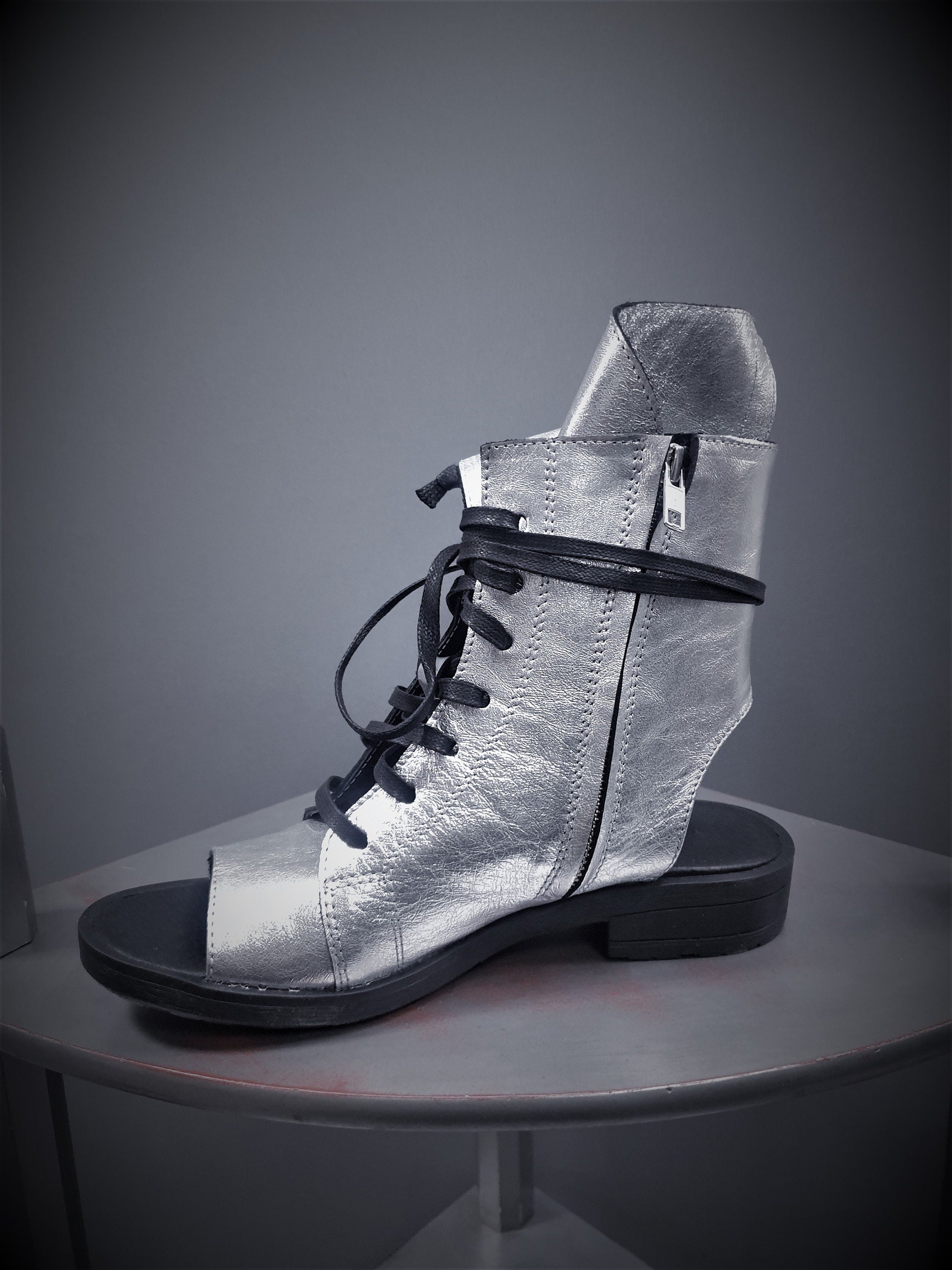 Silver Asymmetric Sandals, Extravagant Sandals, Steampunk Shoes, Gothic Sandals, Silver Leather Sandals, Handmade Shoes