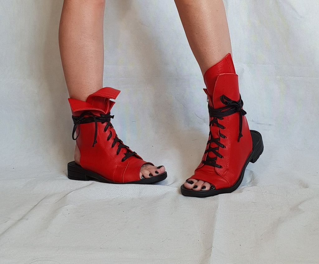 Red Asymmetric Sandals, Extravagant Sandals, Steampunk Shoes, Gothic Sandals, Red Leather Sandals, Handmade Shoes