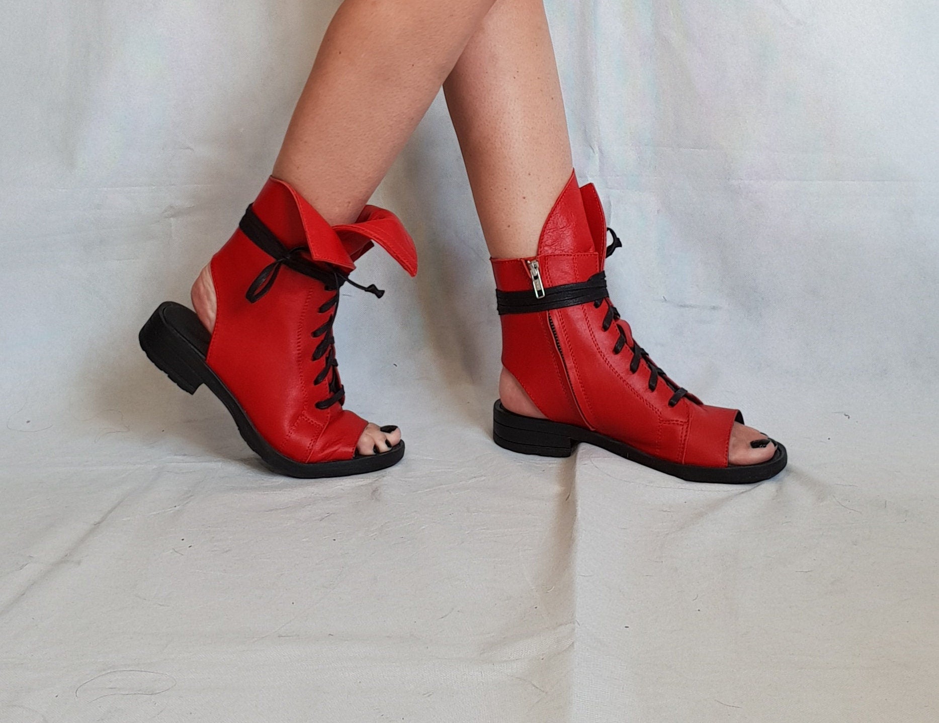 Red Asymmetric Sandals, Extravagant Sandals, Steampunk Shoes, Gothic Sandals, Red Leather Sandals, Handmade Shoes