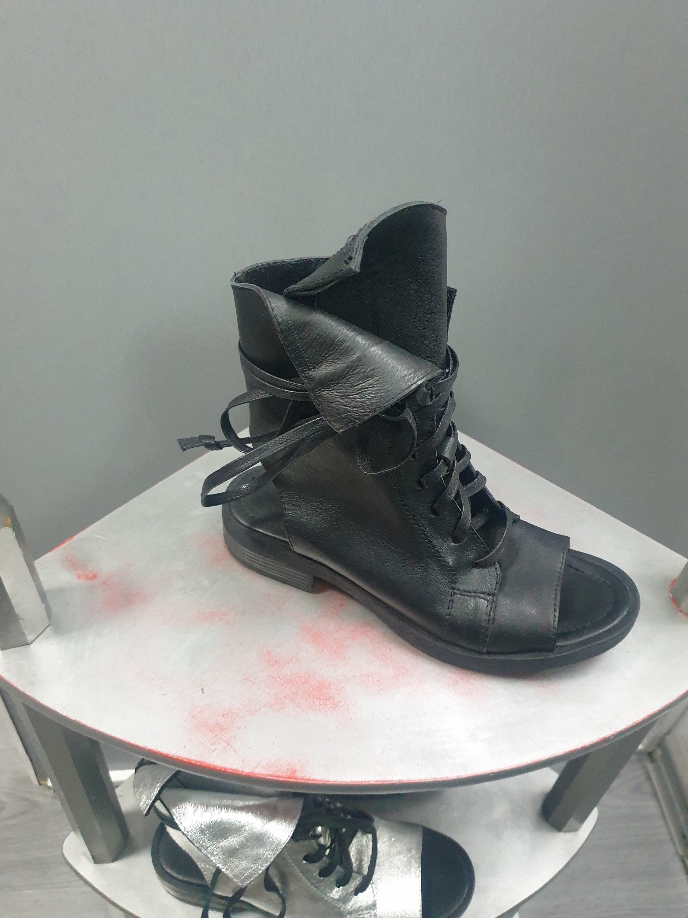 Black Asymmetric Sandals, Extravagant Sandals, Flat Shoes, Gothic Sandals, Black Leather Sandals, Handmade Shoes