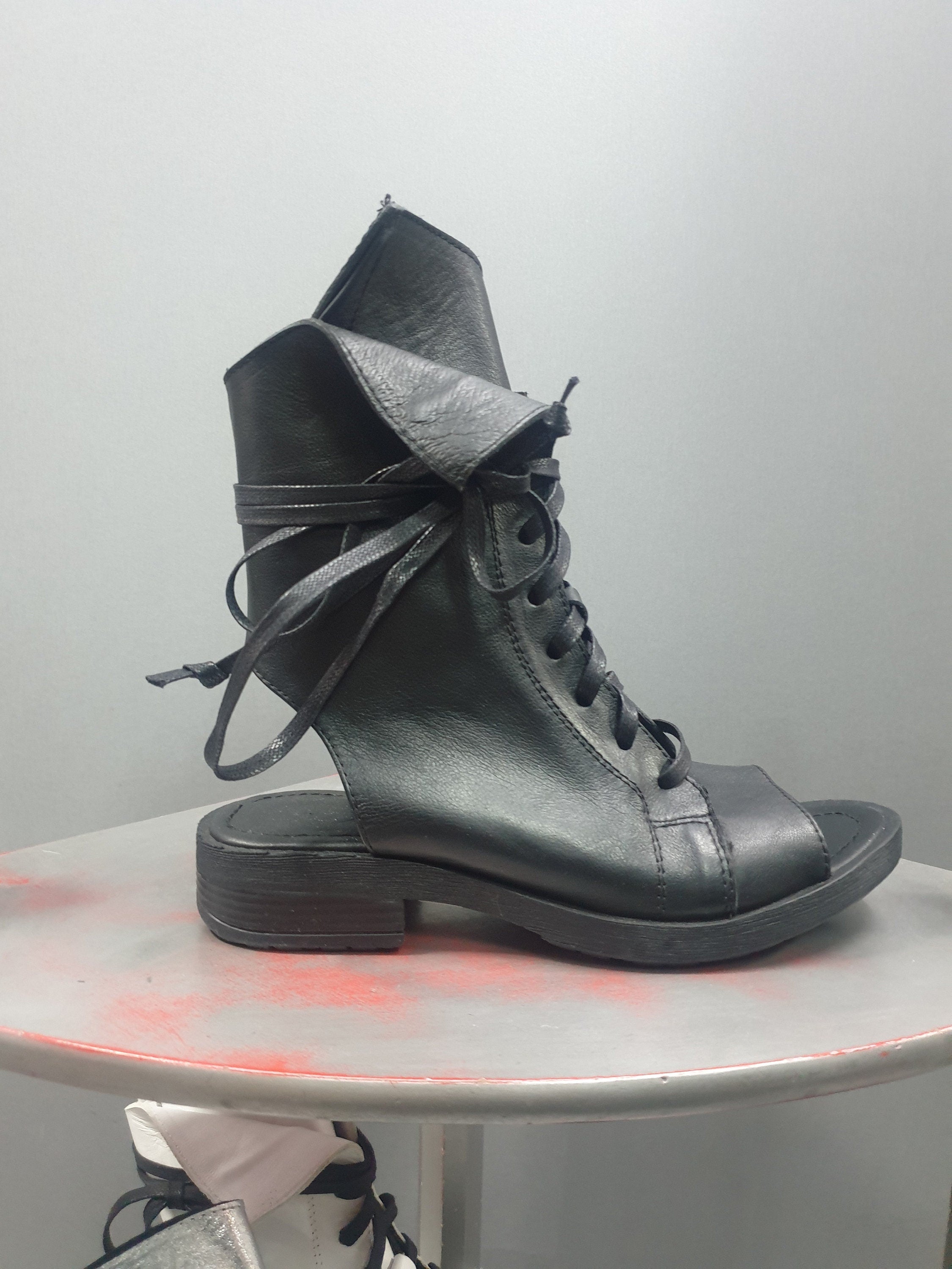 Black Asymmetric Sandals, Extravagant Sandals, Flat Shoes, Gothic Sandals, Black Leather Sandals, Handmade Shoes