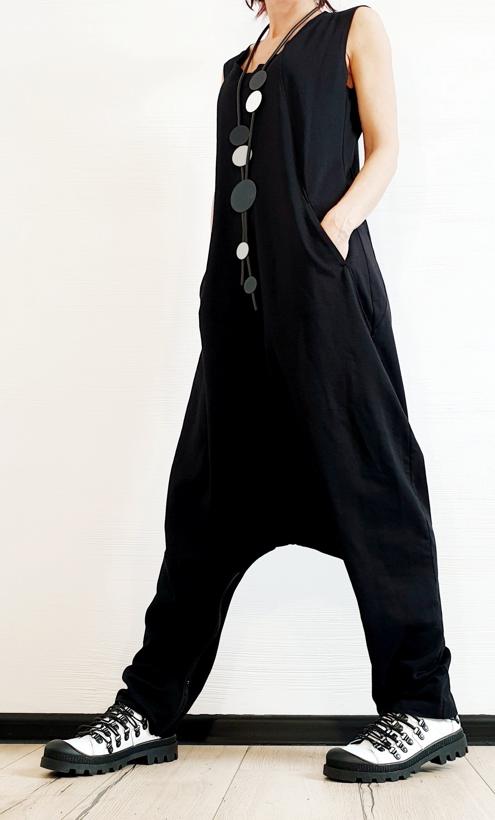 Black Harem Jumpsuit Dress, Asymmetric Loose Jumpsuit Dress, Extravagant Jumpsuit Dress, Plus Size Clothing, Women Overall