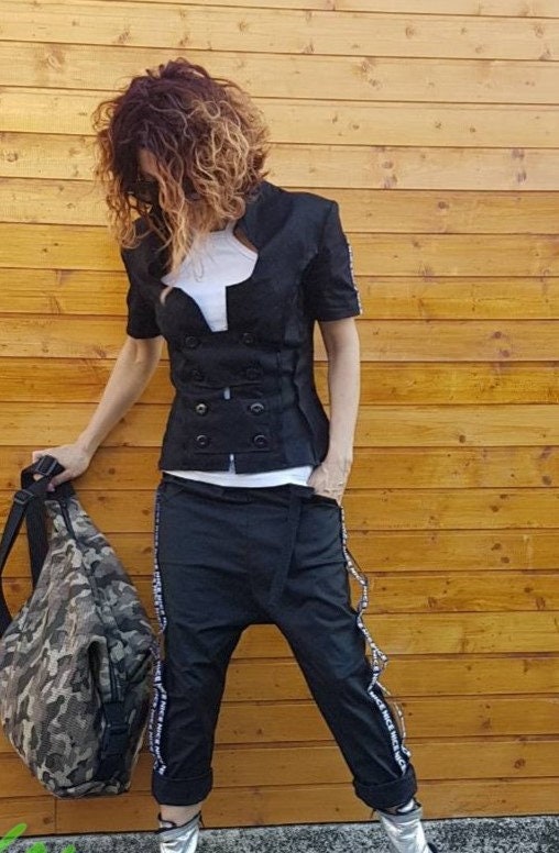 Extravagant Women Black Set, Women Harem Pants, Gothic Costume, Cocktail Women Set, Avant Garde Costume