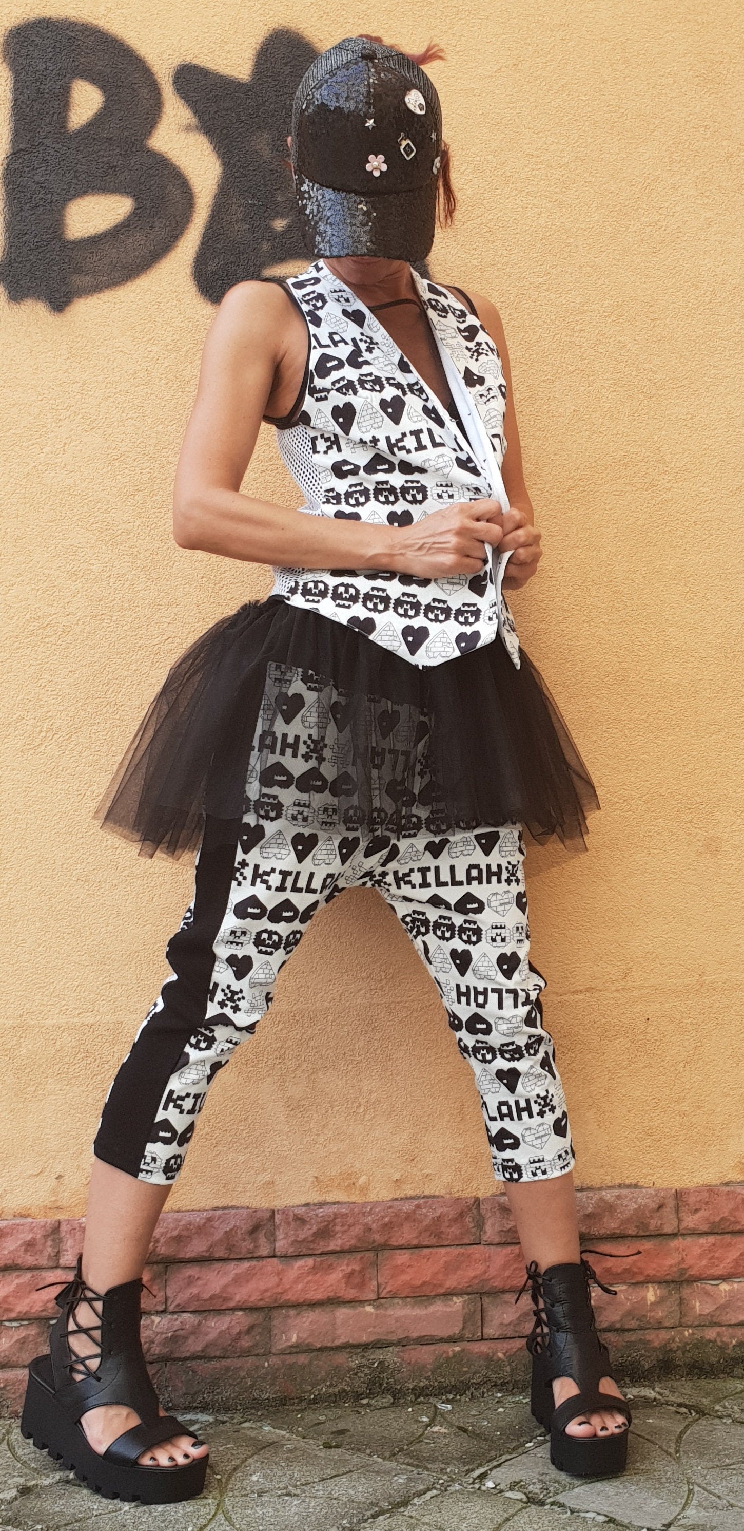 Extravagant Women Set, Asymmetric Set, Women Harem Pants, Vest and Tulle Blouse, Gothic Costume, Cocktail Women Set, Pants below the knee