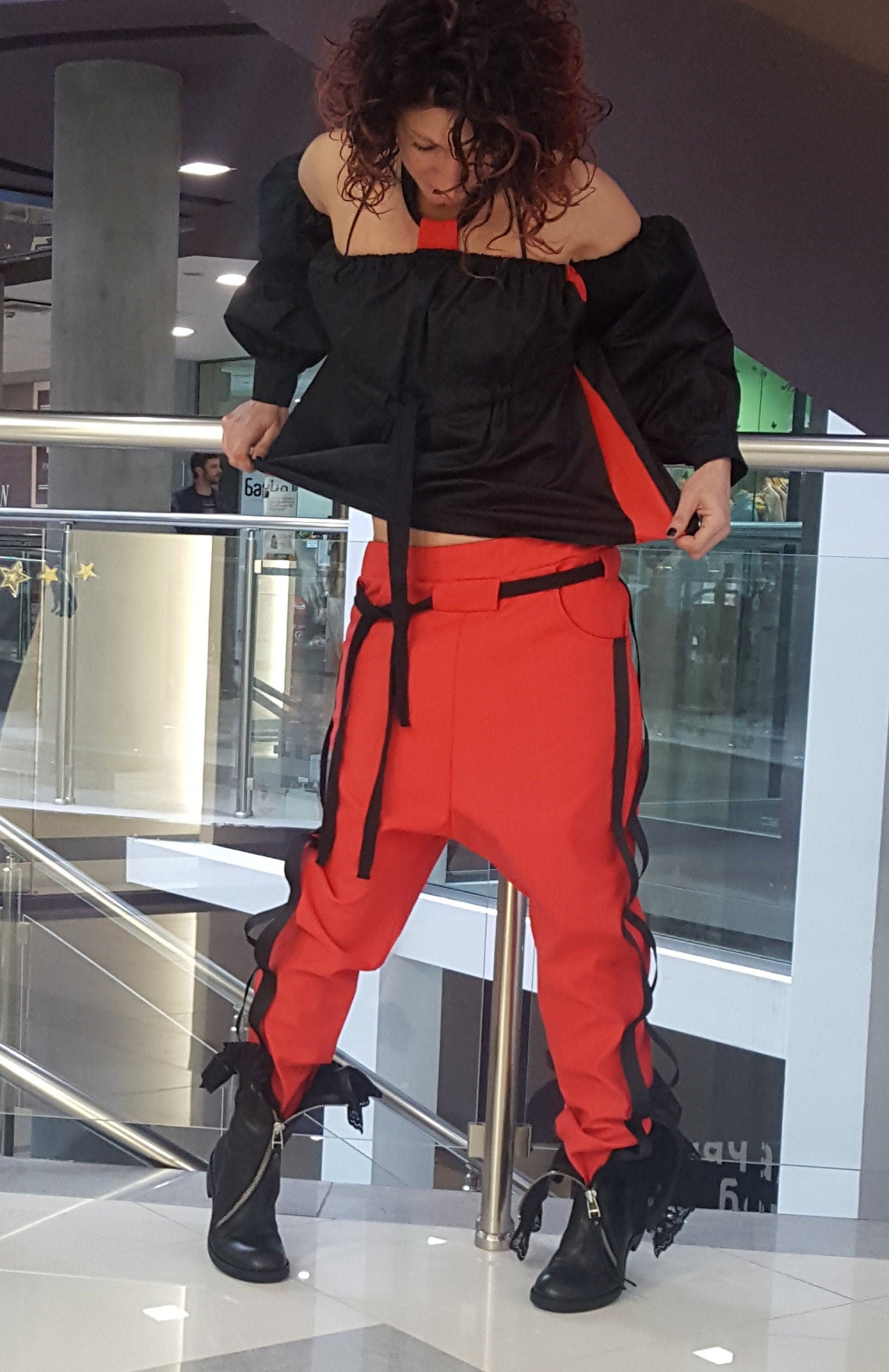 Extravagant Women Set, Asymmetric Sexy Blouse, Women Harem Pants, Wedding Women Costume, Cocktail Women Set, Extravagant Shirt