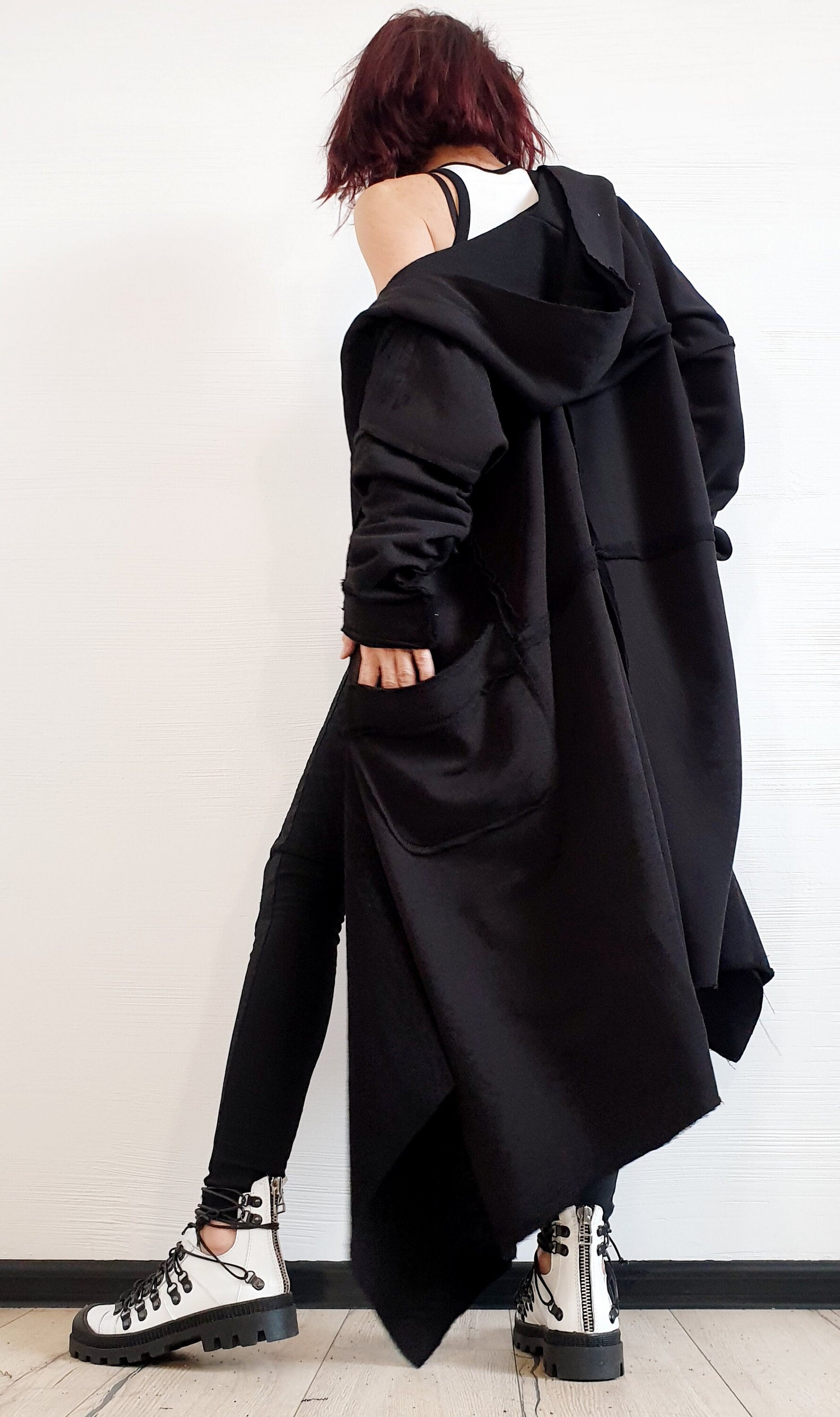 Extravagant Cotton Vest, Hooded Vest, Plus Size Clothing, Long Vest, Gothic Vest, Asymmetric Black Vest