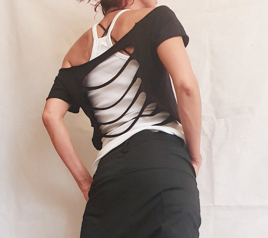 Deconstructed Top, Set Black Blouse & White Top, Extravagant Top, Futuristic Clothing, Gothic Tunic, One Shoulder Top