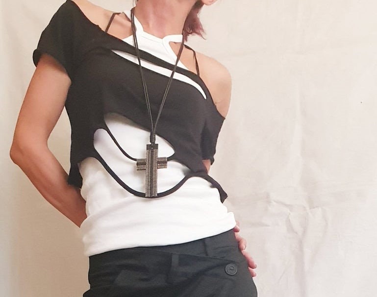 Deconstructed Top, Set Black Blouse & White Top, Extravagant Top, Futuristic Clothing, Gothic Tunic, One Shoulder Top