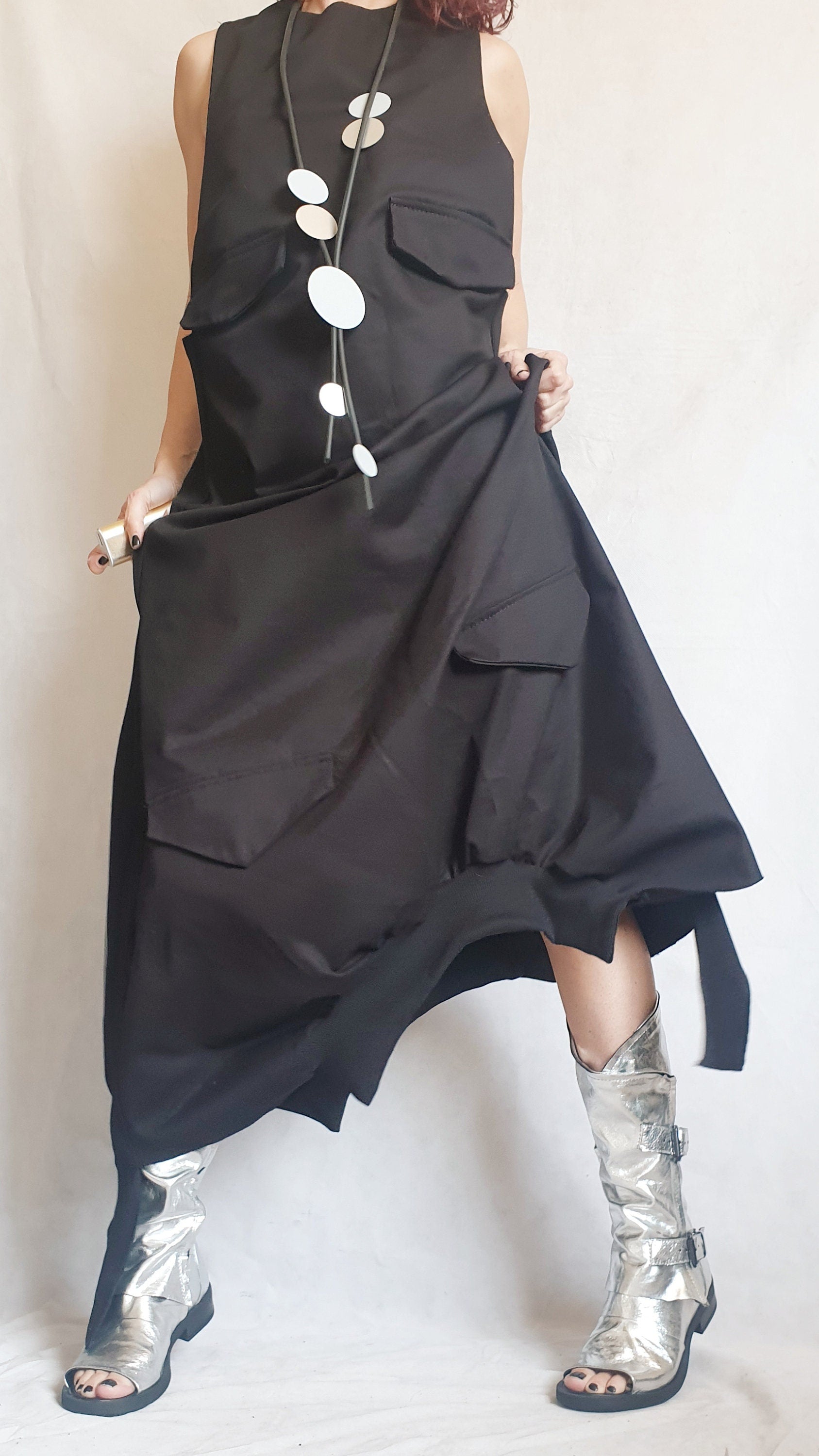 Deconstructed Dress, Long Loose Dress, Outside Pockets Dress, Asymmetric Dress, Gothic Dress, Extravagant Dress, Sleeveless Dress