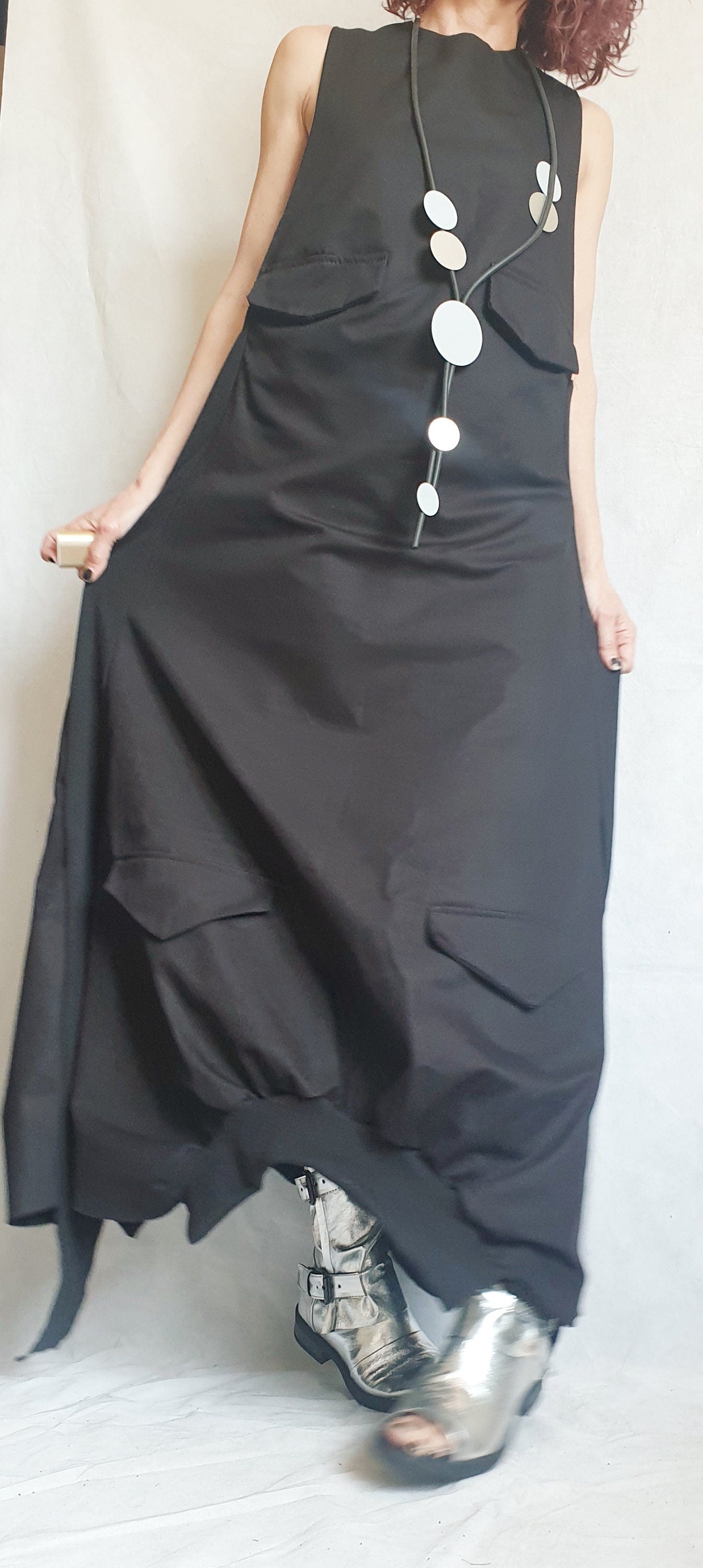 Deconstructed Dress, Long Loose Dress, Pockets Dress, Asymmetric Dress, Gothic Dress, Extravagant Dress, Sleeveless Dress