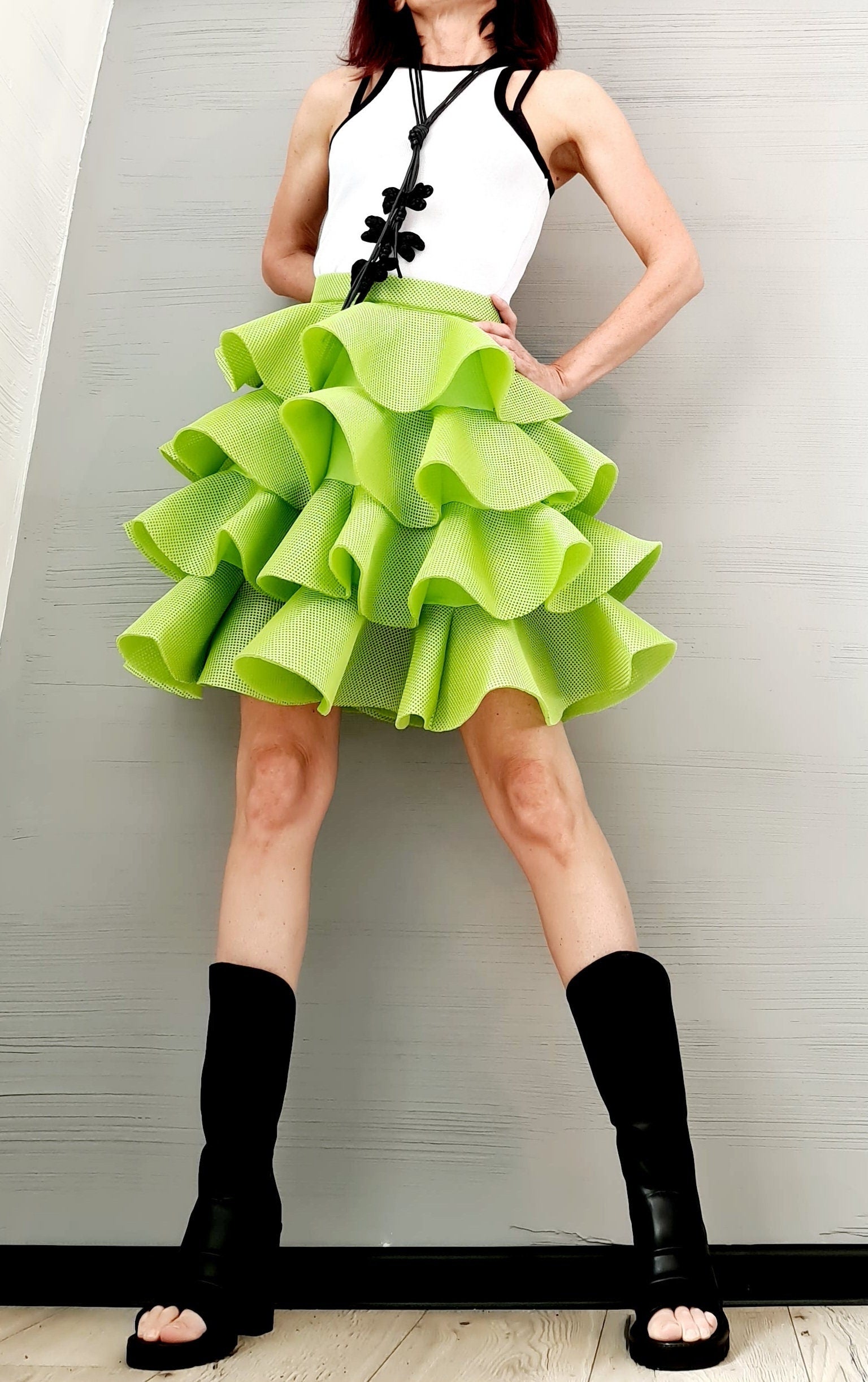 Handmade Green Neoprene Skirt – Asymmetrical Circle Tutu Skirt – Avant-Garde Cocktail Ball Skirt – Plus Size Available