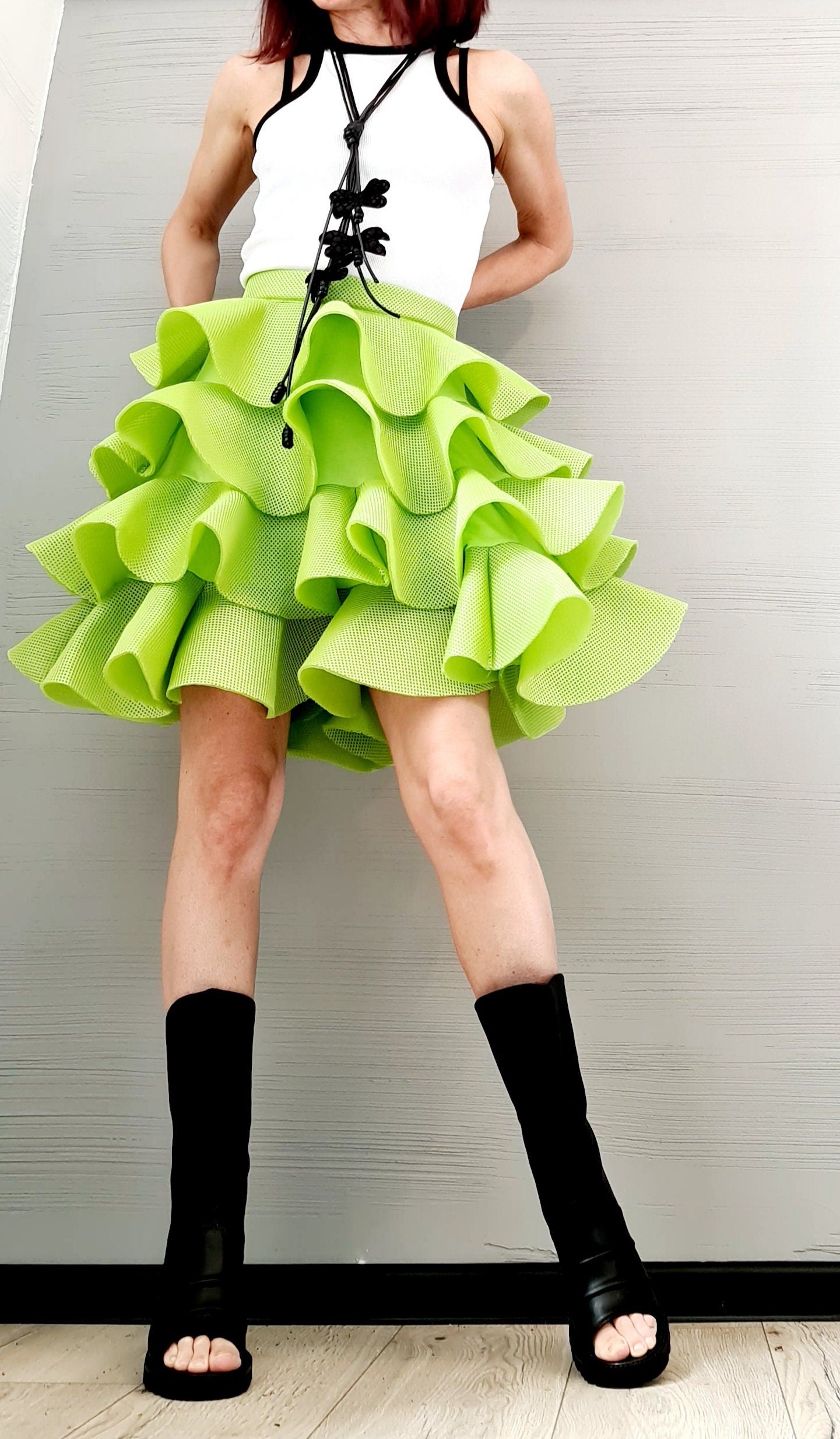 Handmade Green Neoprene Skirt – Asymmetrical Circle Tutu Skirt – Avant-Garde Cocktail Ball Skirt – Plus Size Available