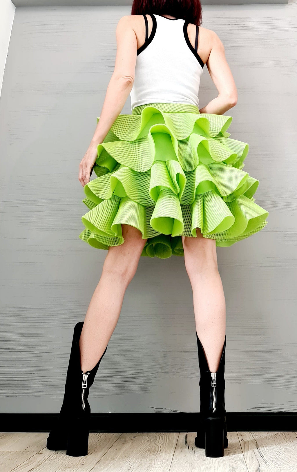 Handmade Green Neoprene Skirt – Asymmetrical Circle Tutu Skirt – Avant-Garde Cocktail Ball Skirt – Plus Size Available