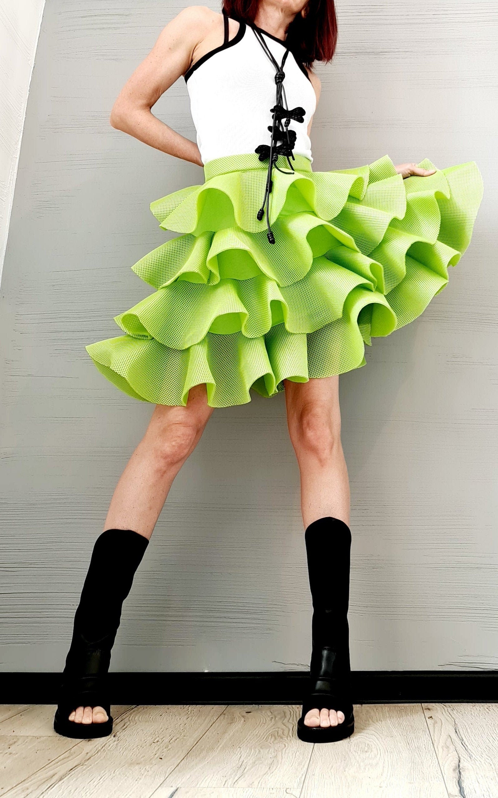 Handmade Green Neoprene Skirt – Asymmetrical Circle Tutu Skirt – Avant-Garde Cocktail Ball Skirt – Plus Size Available