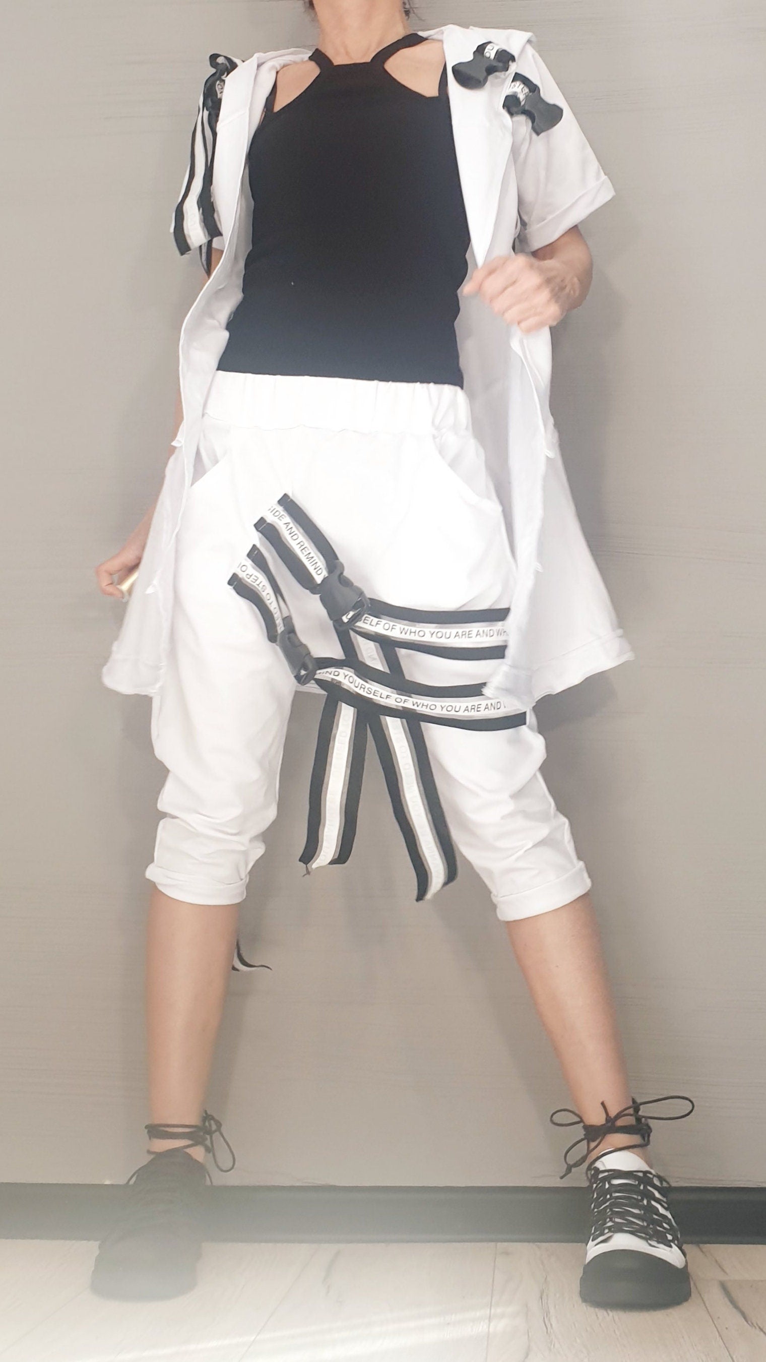 Extravagant Women White Set, Asymmetric Vest, Harem Short Pants, Asymmetric Top, Two Piece Set, Gothic Women Set