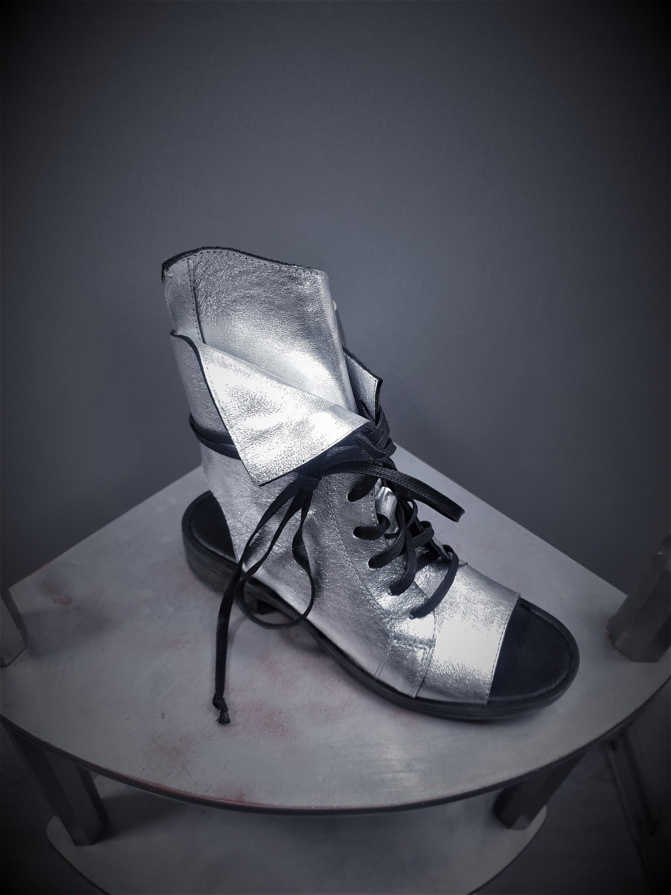 Silver Asymmetric Sandals, Extravagant Sandals, Steampunk Shoes, Gothic Sandals, Silver Leather Sandals, Handmade Shoes