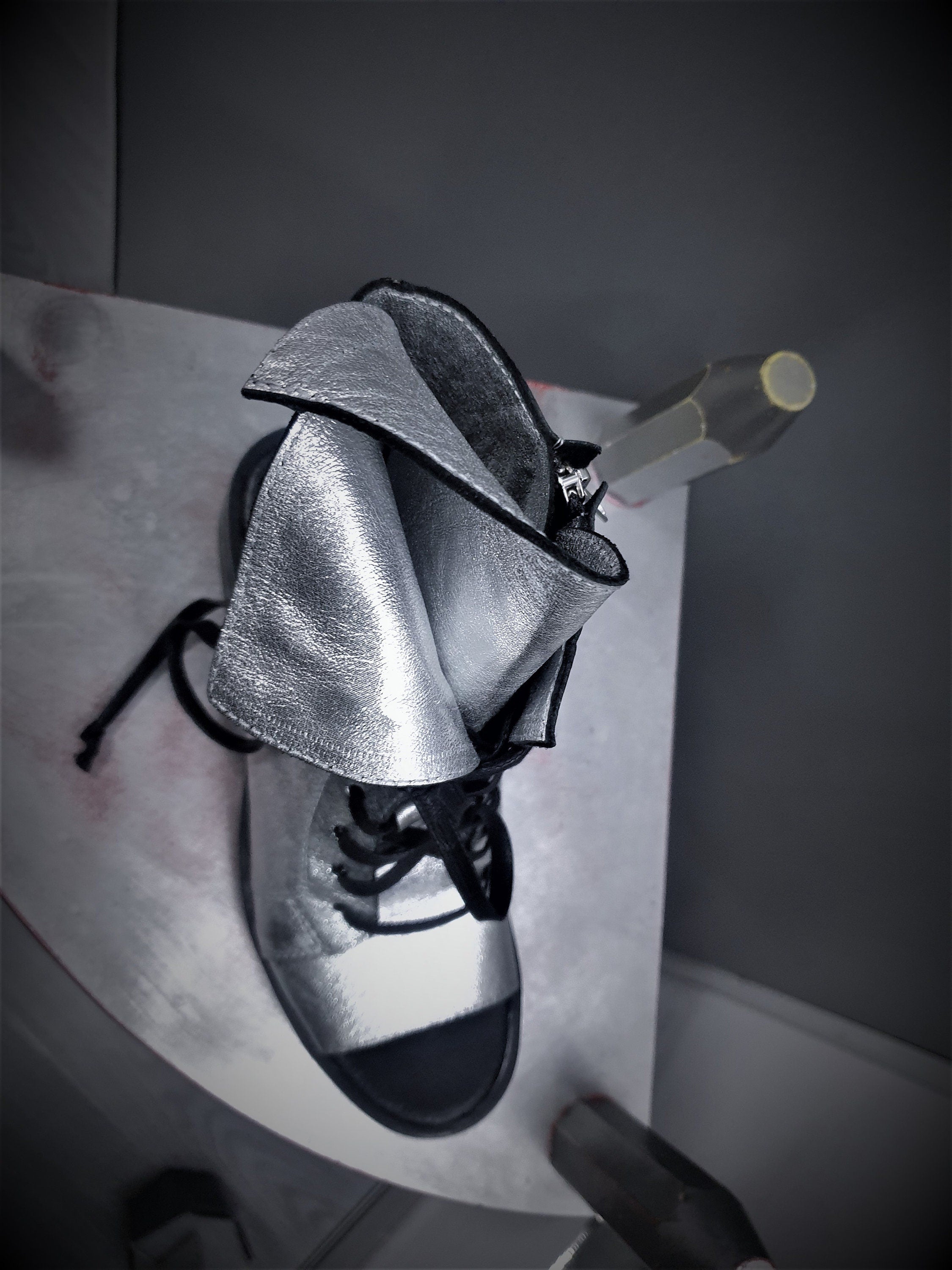 Silver Asymmetric Sandals, Extravagant Sandals, Steampunk Shoes, Gothic Sandals, Silver Leather Sandals, Handmade Shoes