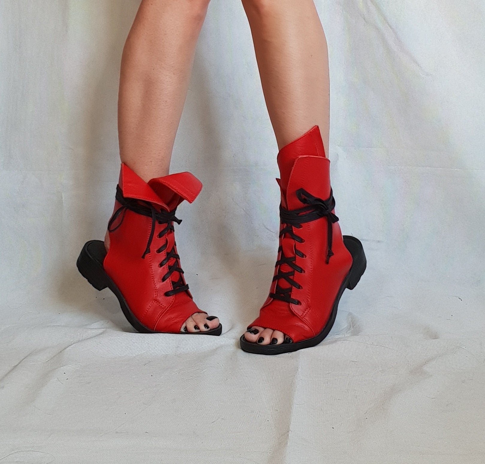 Red Asymmetric Sandals, Extravagant Sandals, Steampunk Shoes, Gothic Sandals, Red Leather Sandals, Handmade Shoes
