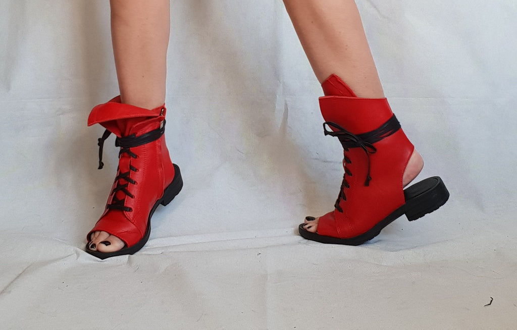 Red Asymmetric Sandals, Extravagant Sandals, Steampunk Shoes, Gothic Sandals, Red Leather Sandals, Handmade Shoes