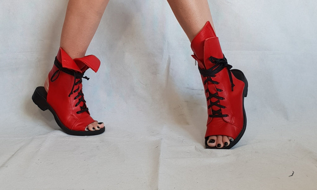 Red Asymmetric Sandals, Extravagant Sandals, Steampunk Shoes, Gothic Sandals, Red Leather Sandals, Handmade Shoes