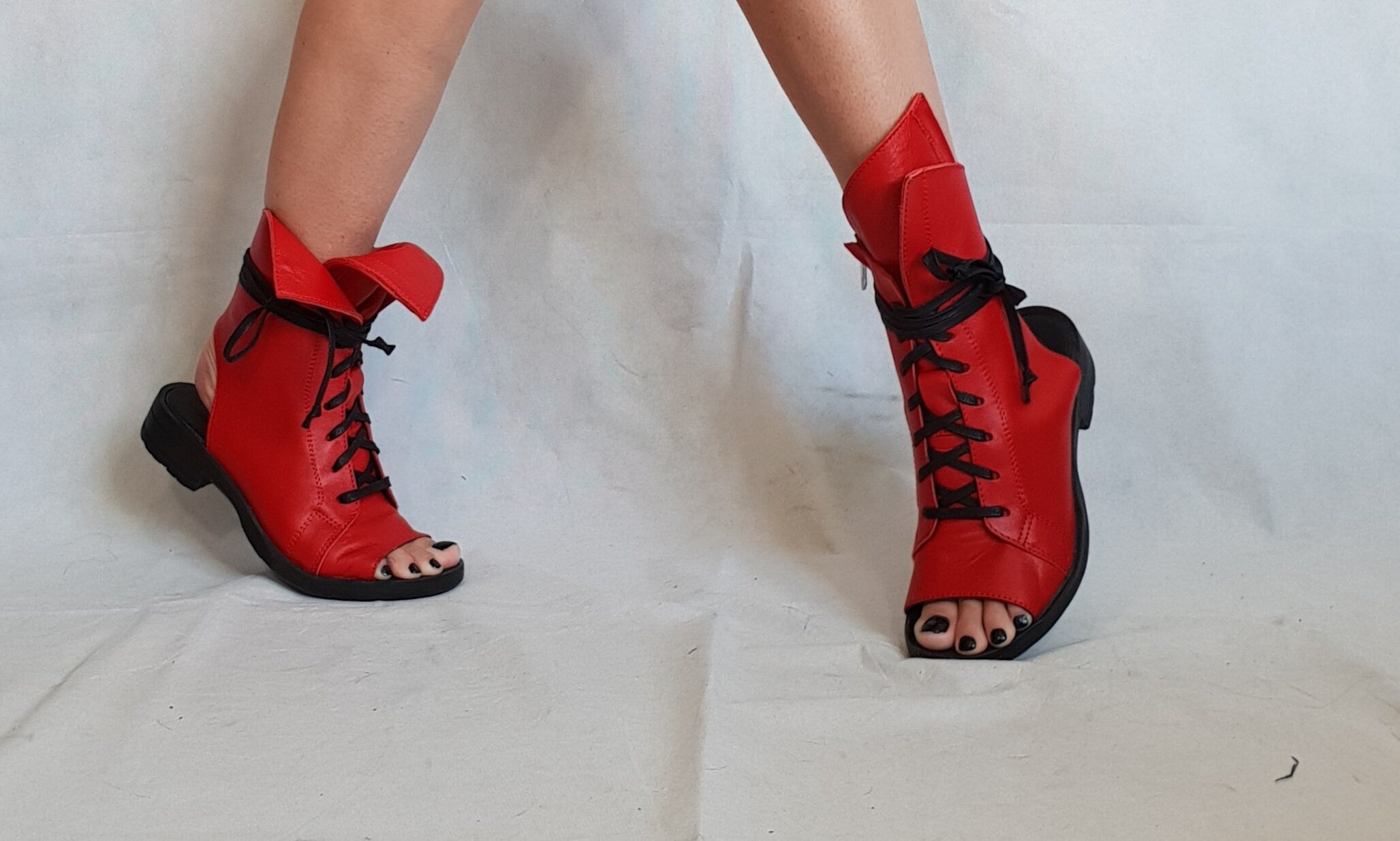 Red Asymmetric Sandals, Extravagant Sandals, Steampunk Shoes, Gothic Sandals, Red Leather Sandals, Handmade Shoes