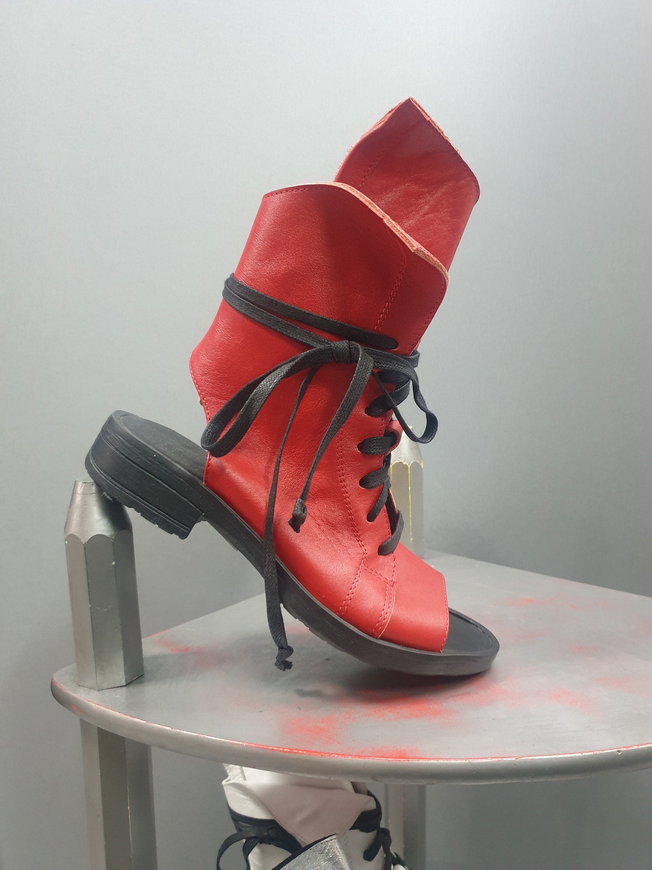 Red Asymmetric Sandals, Extravagant Sandals, Steampunk Shoes, Gothic Sandals, Red Leather Sandals, Handmade Shoes