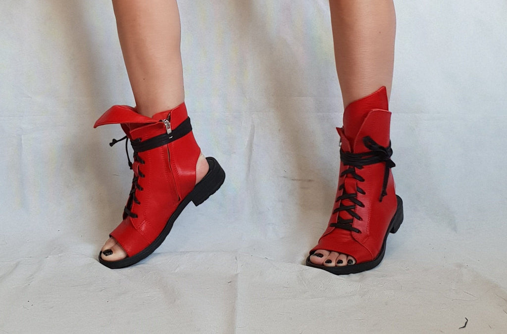 Red Asymmetric Sandals, Extravagant Sandals, Steampunk Shoes, Gothic Sandals, Red Leather Sandals, Handmade Shoes