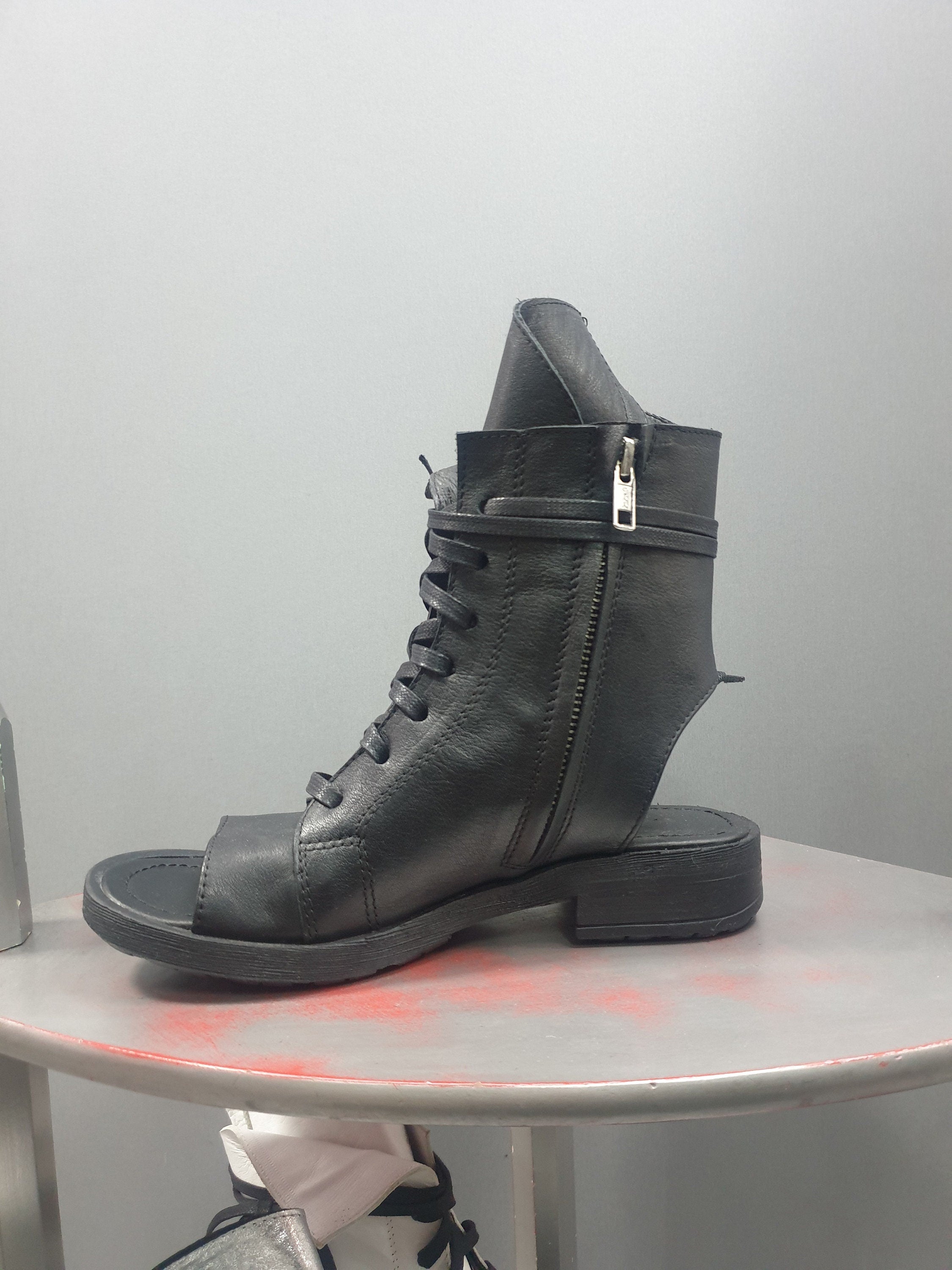 Black Asymmetric Sandals, Extravagant Sandals, Flat Shoes, Gothic Sandals, Black Leather Sandals, Handmade Shoes