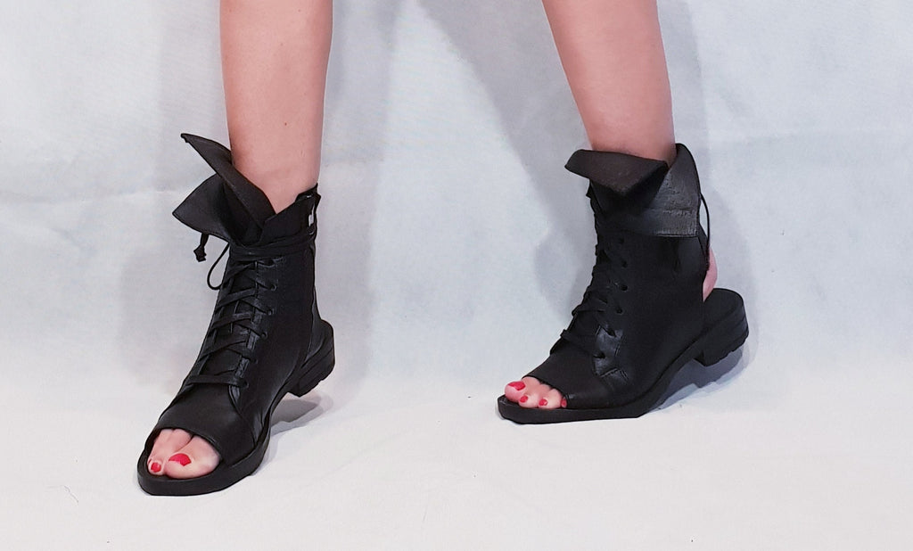 Black Asymmetric Sandals, Extravagant Sandals, Flat Shoes, Gothic Sandals, Black Leather Sandals, Handmade Shoes