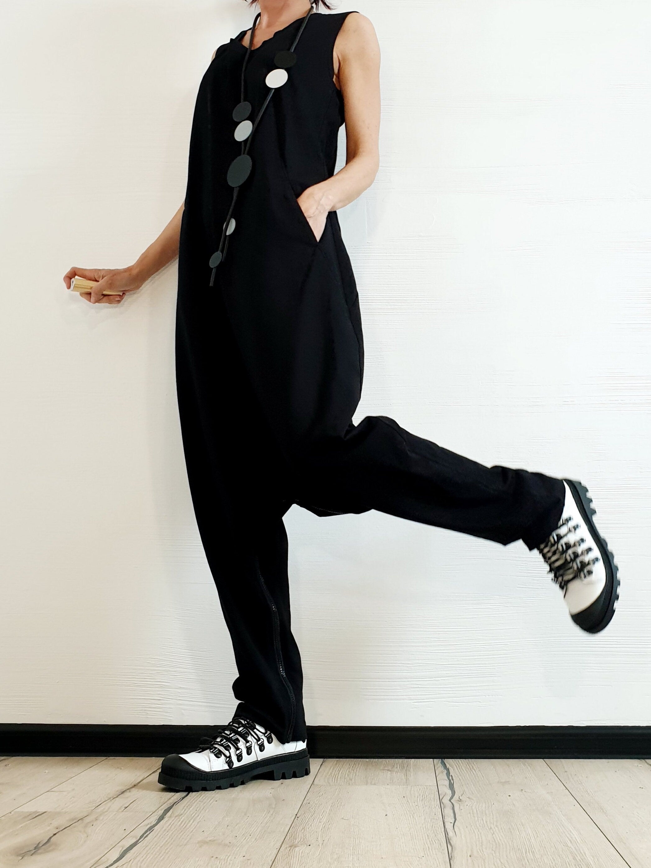 Black Harem Jumpsuit Dress, Asymmetric Loose Jumpsuit Dress, Extravagant Jumpsuit Dress, Plus Size Clothing, Women Overall