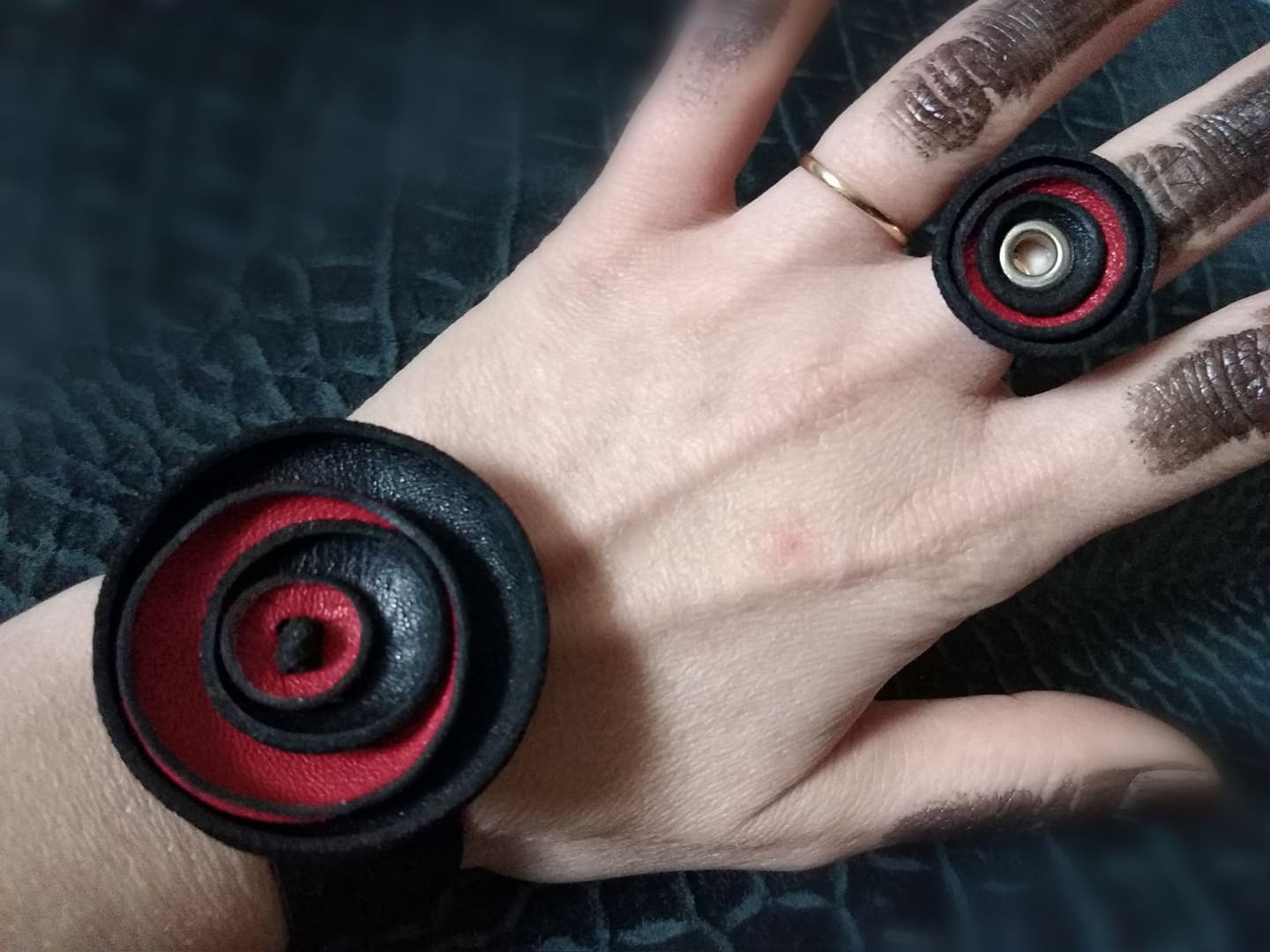 Red Leather Set, Bracelet Ring, Extravagant Leather Jewelry Set, HandMade Leather Jewelry SetChristmas gift for her