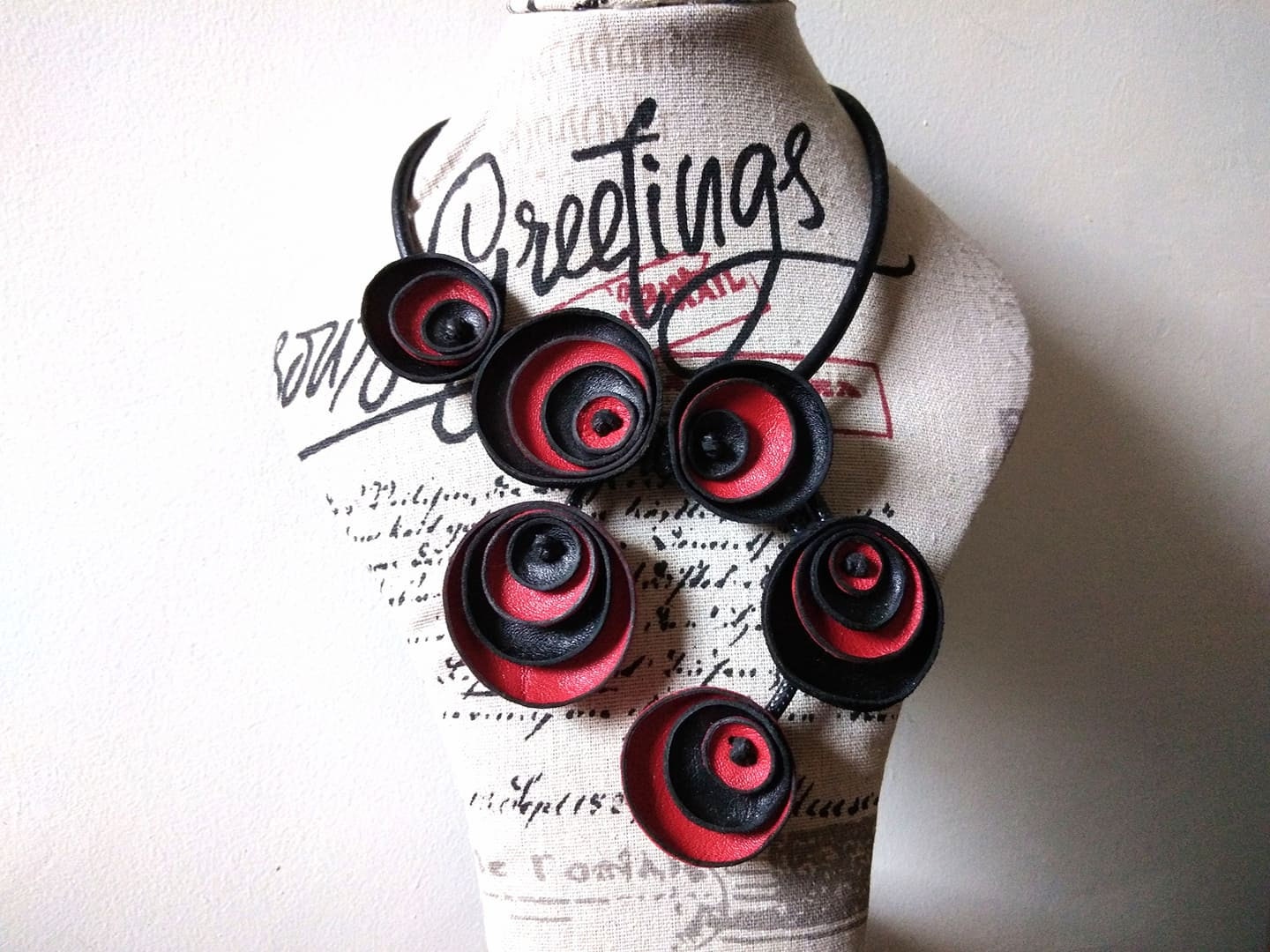 Red Flower Leather Necklace, Extravagant Leather Jewelry, HandMadeChristmas gift for her