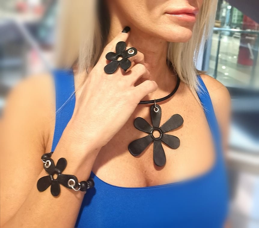 Extravagant Leather Ring, Extravagant Leather Jewelry, HandMade, Black Flower, gift for her